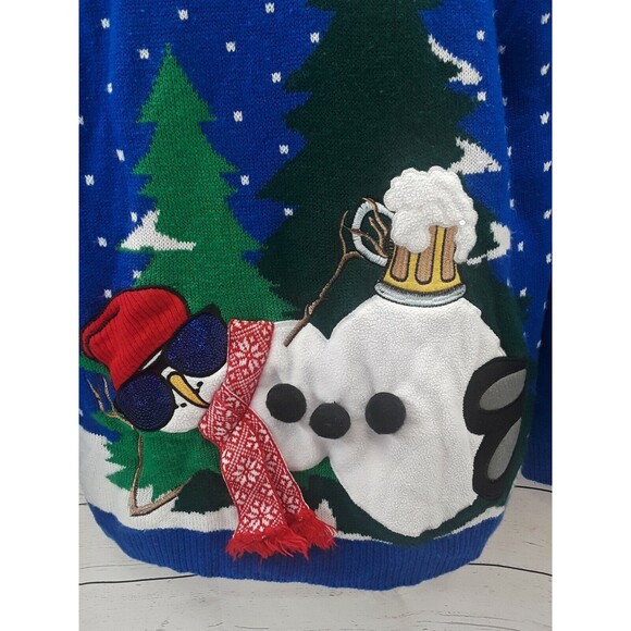 Jolly Sweaters Drunk Snowman with Beer Mens Christmas Holiday Blue White Sz L - Picture 2 of 12